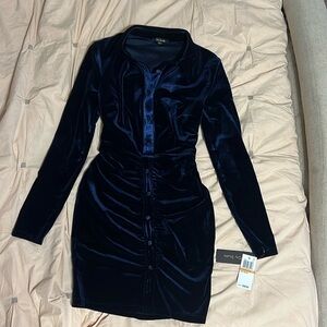 City Studio Navy Blue Bodycon Velevet Button Down Dress